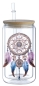 Preview: 16 oz Glasbecher mit Bambusdeckel und Glastrinkhalm, verziert mit einem kunstvollen Traumfänger-Motiv in zarten Blau- und Violetttönen. Das Design zeigt detaillierte Federn und Perlen, die dem Becher eine beruhigende und spirituelle Ausstrahlung verleihen
